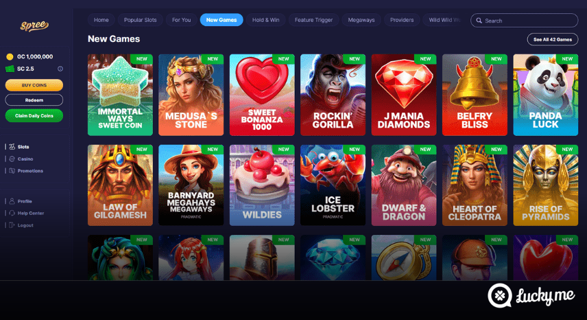 A screenshot of the desktop casino games library page for Spree Casino Review