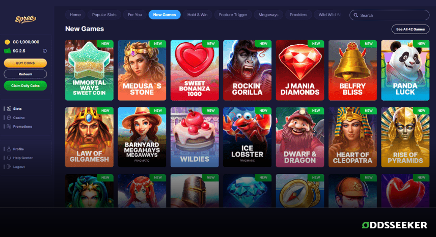 A screenshot of the desktop casino games library page for Spree Casino Review