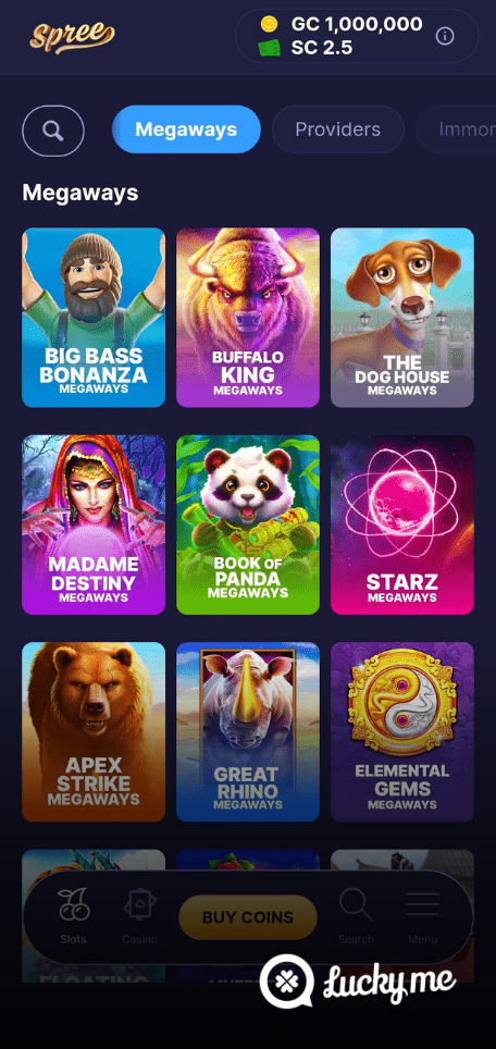 A screenshot of the mobile casino games library page for Spree Casino Review