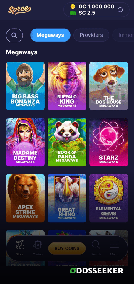 A screenshot of the mobile casino games library page for Spree Casino Review