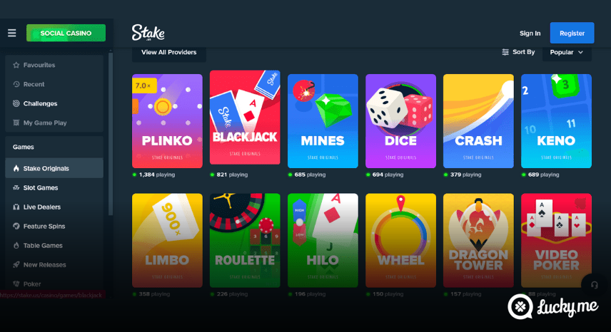 A screenshot of the desktop casino games library page for Stake.us