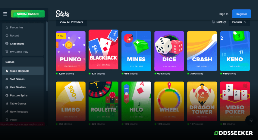 A screenshot of the desktop casino games library page for Stake.us