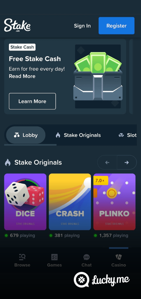 A screenshot of the mobile login page for Stake.us