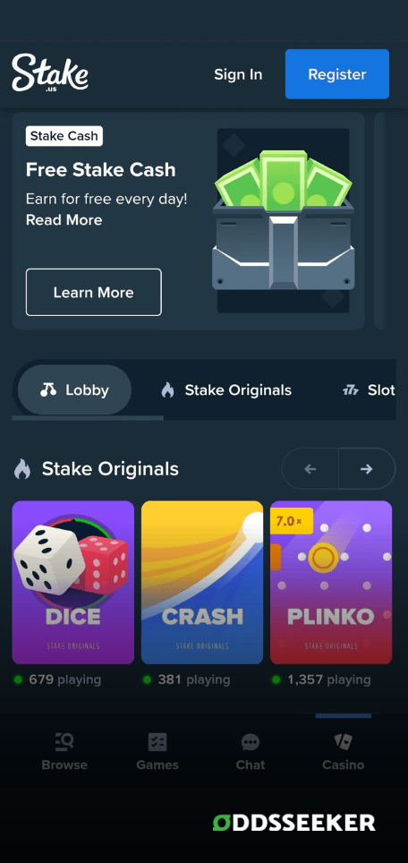 A screenshot of the mobile login page for Stake.us