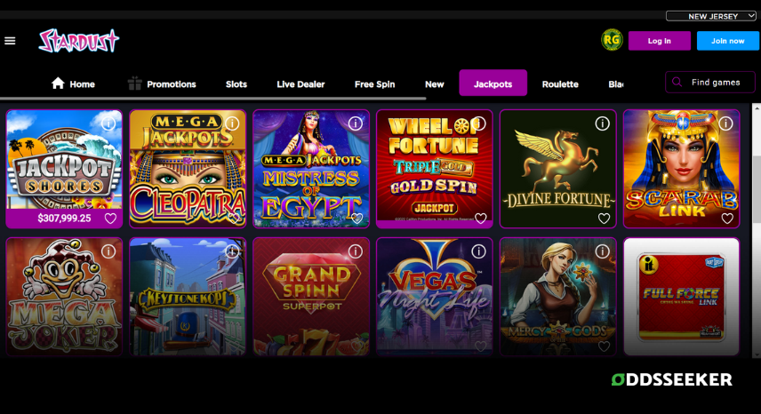 A screenshot of the desktop casino games library page for Stardust Casino