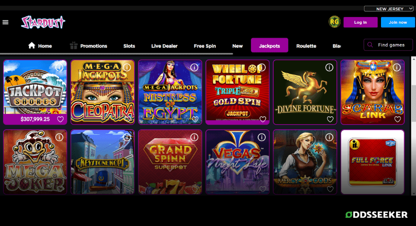 A screenshot of the desktop casino games library page for Stardust Casino