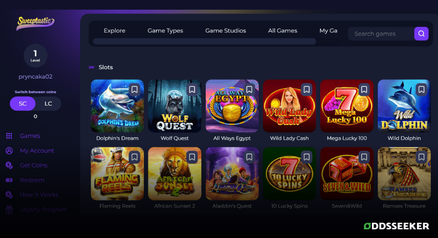 A screenshot of the desktop casino games library page for Sweeptastic