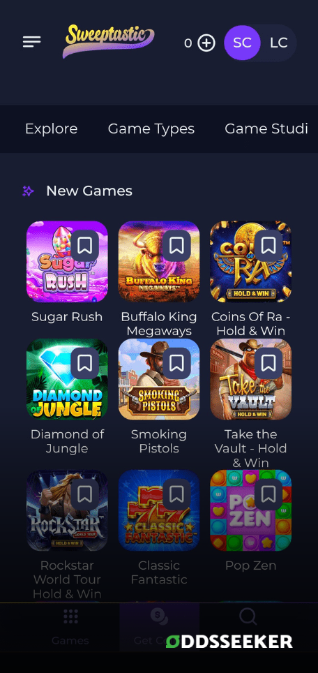 A screenshot of the mobile casino games library page for Sweeptastic