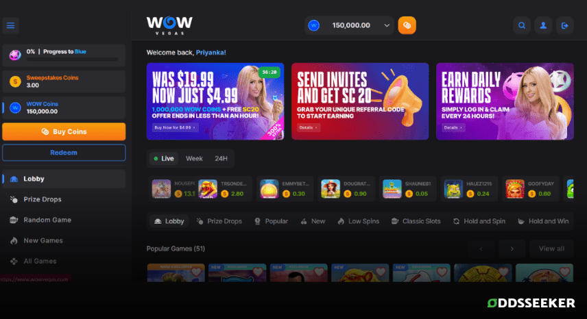 A screenshot of the desktop login page for WOW Vegas Casino