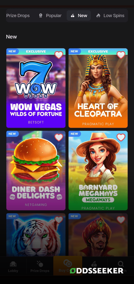 A screenshot of the mobile casino games library page for WOW Vegas Casino