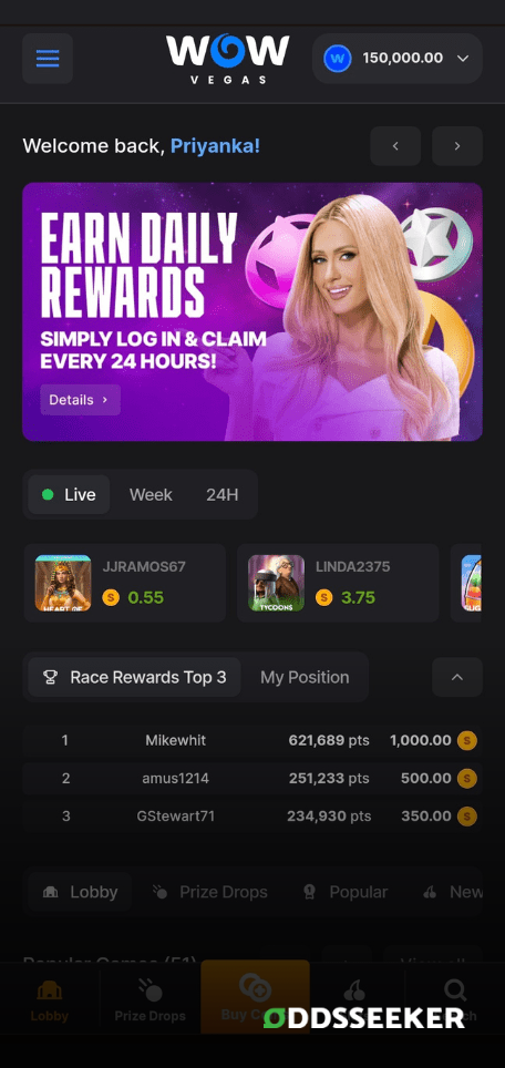 A screenshot of the mobile login page for WOW Vegas Casino